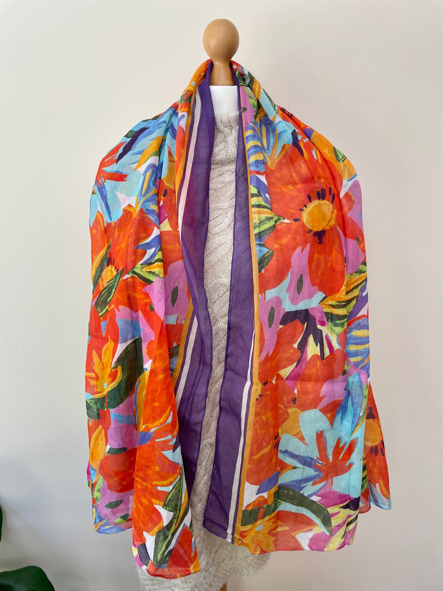 Spring Floral Purple Border Cotton Scarf