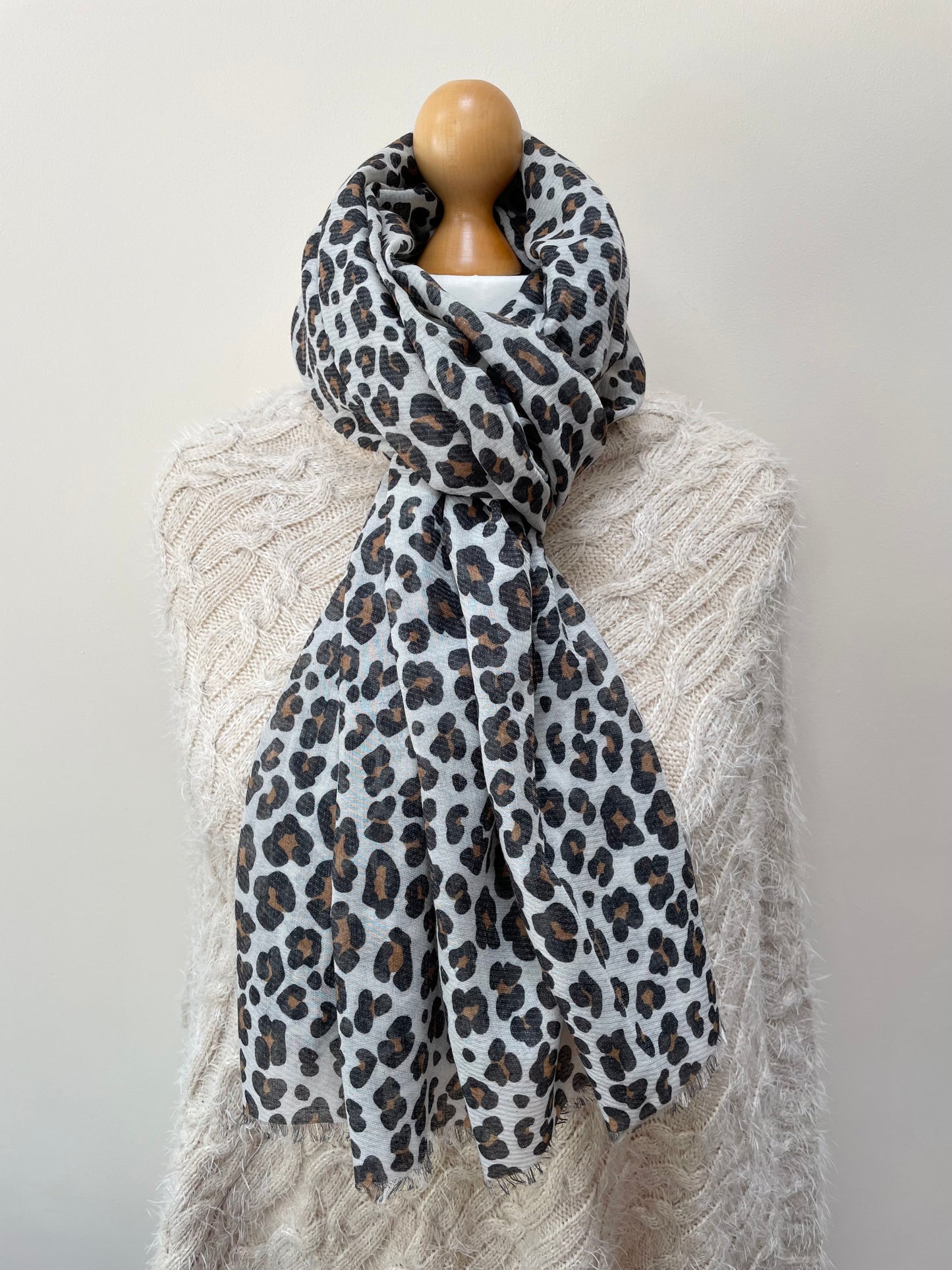 Grey and Brown Leopard Print Scarf